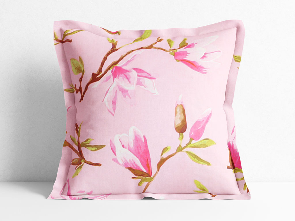 Față de pernă 100% bumbac cu tiv decorativ - model 073 magnolii roz