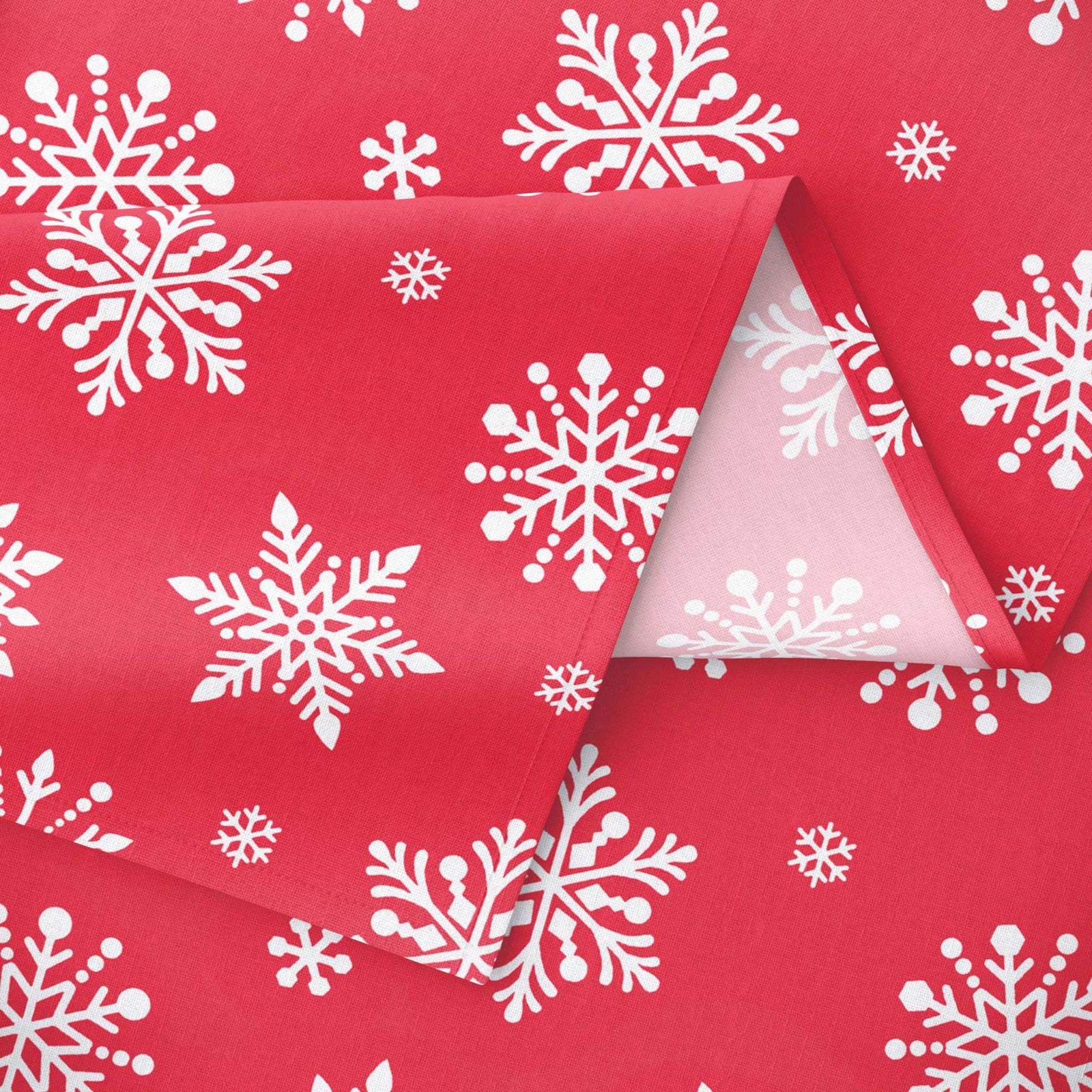 Față de masă 100% bumbac - model de Crăciun - fulgi de zăpadă pe roșu
