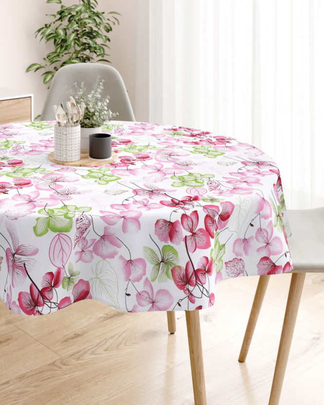 Față de masă 100% bumbac - flori roz-verde cu frunze - rotundă
