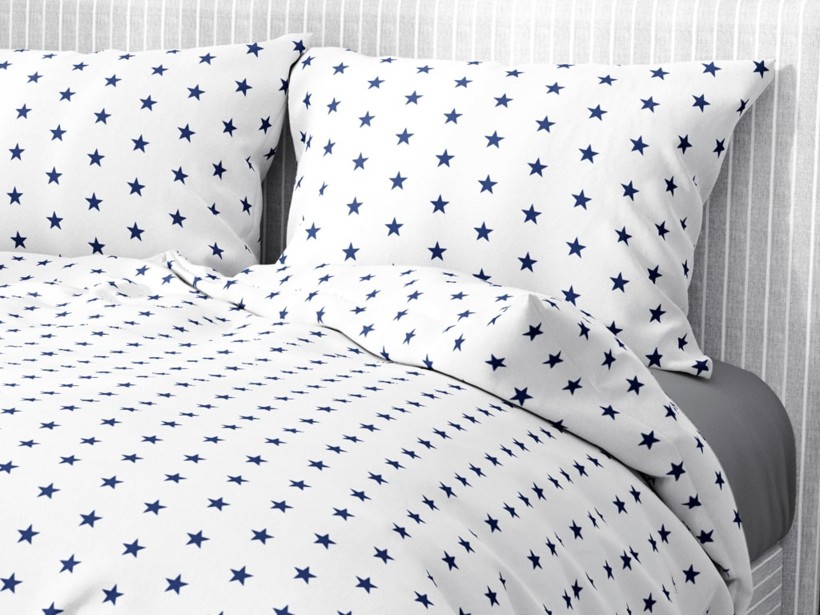 Lenjerie de pat din 100% bumbac - stele albastru închis pe alb