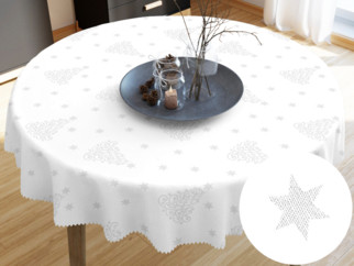 Față de masă teflonată - model 1104 de Crăciun - brazi și steluțe argintii pe alb - rotundă