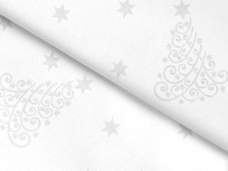 Față de masă teflonată - model 1104 de Crăciun - brazi și steluțe argintii pe alb