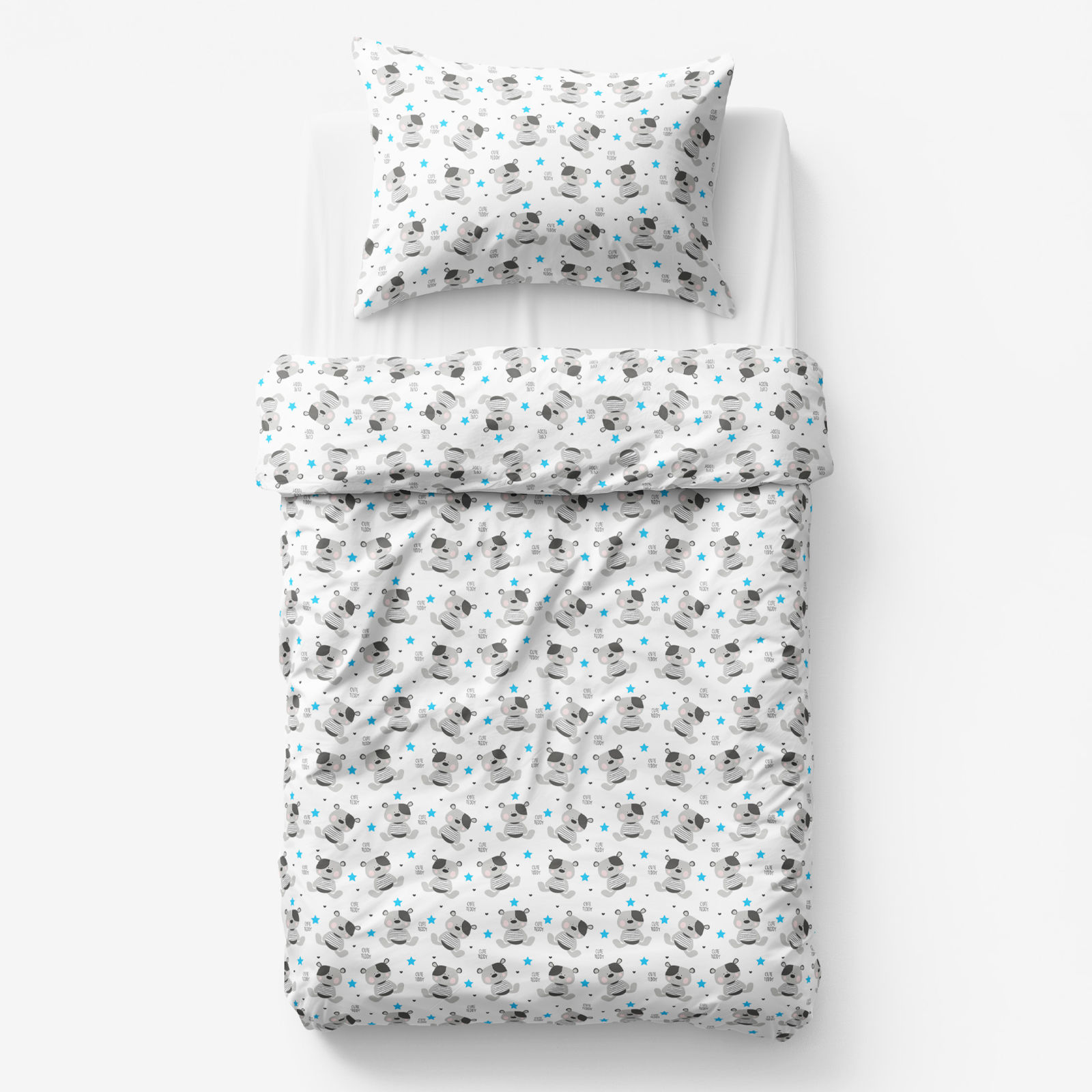 Lenjerie de pat pentru copii din 100% bumbac - ursuleți drăguți cu steluțe albastre