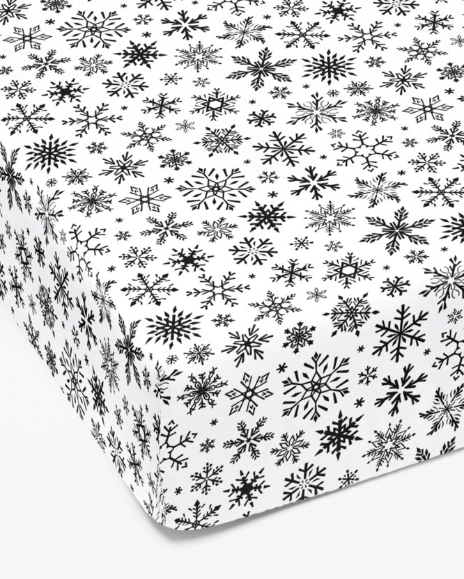 Cearceaf de pat 100% bumbac cu elastic - model de Crăciun - fulgi negri pe alb