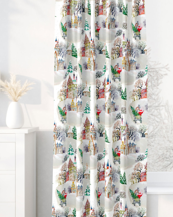 Draperie decorativă LONETA - model de Crăciun - sat înzăpezit