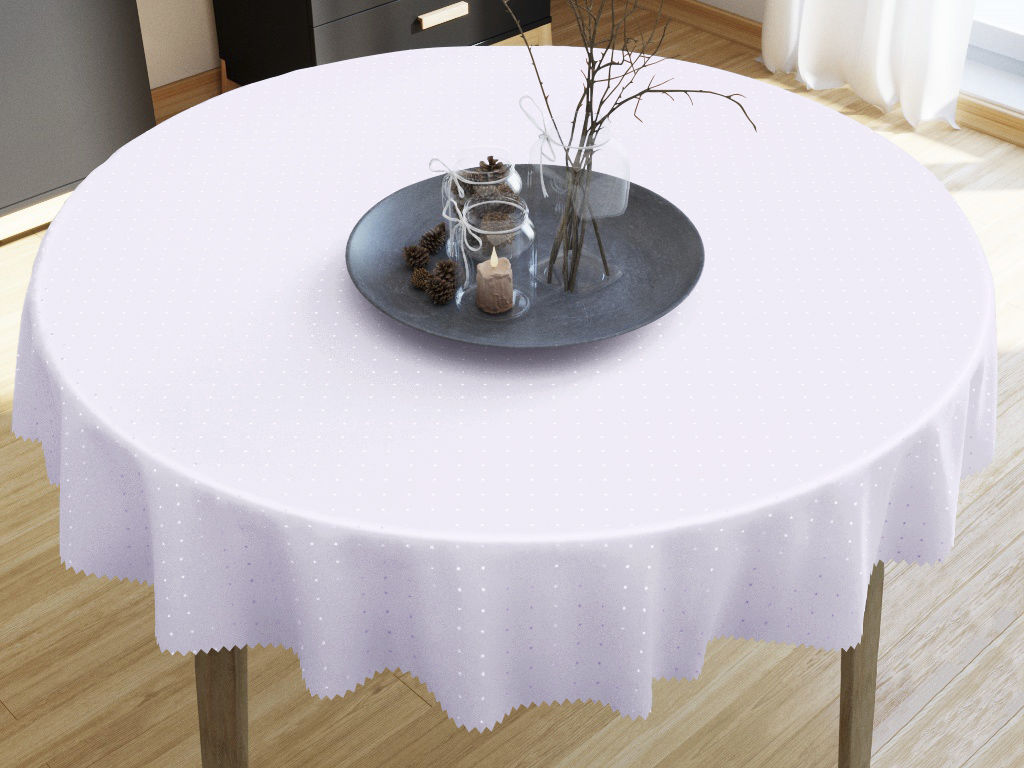 Față de masă teflonată exclusivă - model 092 - albă cu nuanță violet și pătrățele lucioase - rotundă