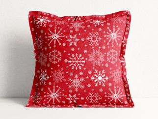 Față de pernă din bumbac cu tiv decorativ - model 090 de Crăciun - fulgi de zăpadă pe roșu