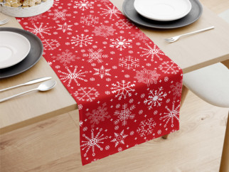 Napron de masă din bumbac - model 090 de Crăciun - fulgi de zăpadă pe roșu