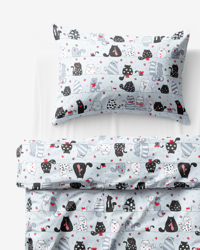 Lenjerie de pat pentru copii din 100% bumbac - pisici comice pe gri