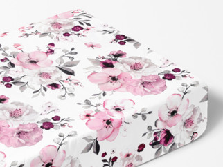 Cearceaf de pat din bumbac cu elastic - model 057 flori de cireș Sakura