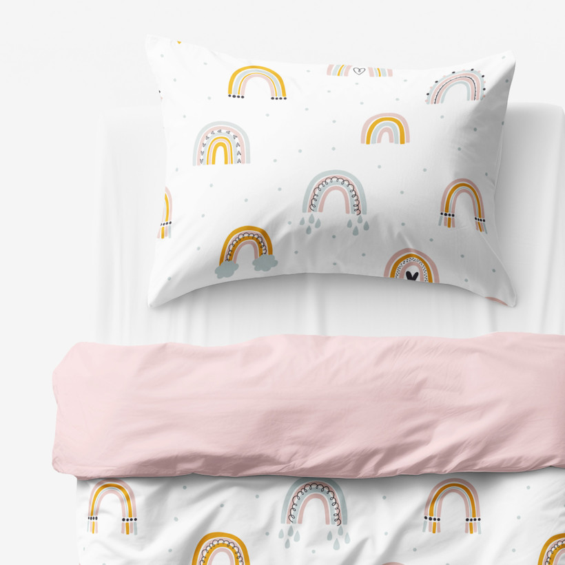 Lenjerie de pat pentru copii din 100% bumbac Duo - curcubeu pictat cu roz pudră