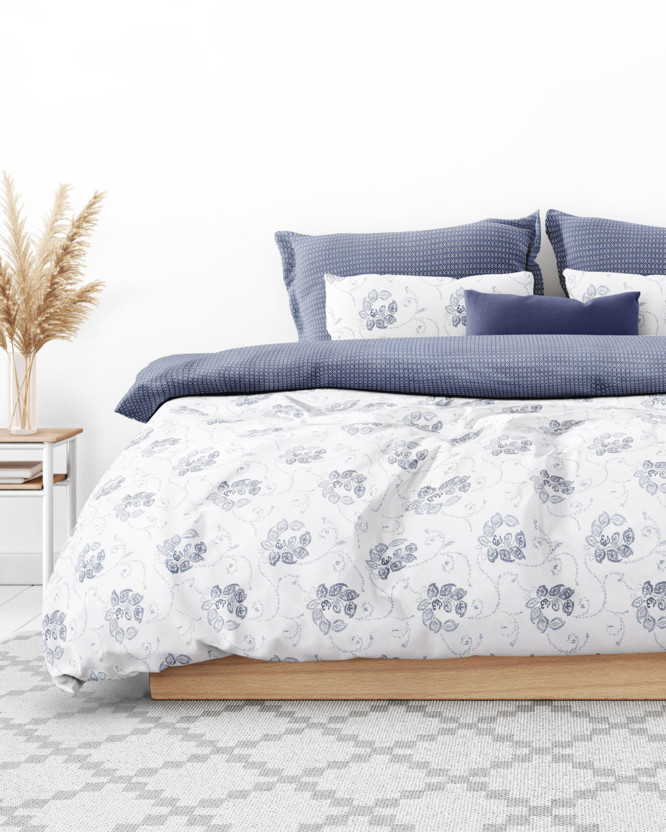 Lenjerie de pat din 100% bumbac - ornamente florale albastru închis cu forme geometrice