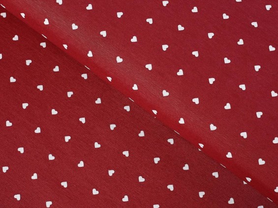 Țesătură decorativă LONETA - model 196 inimioare albe pe roșu - lățime 140 și 280 cm