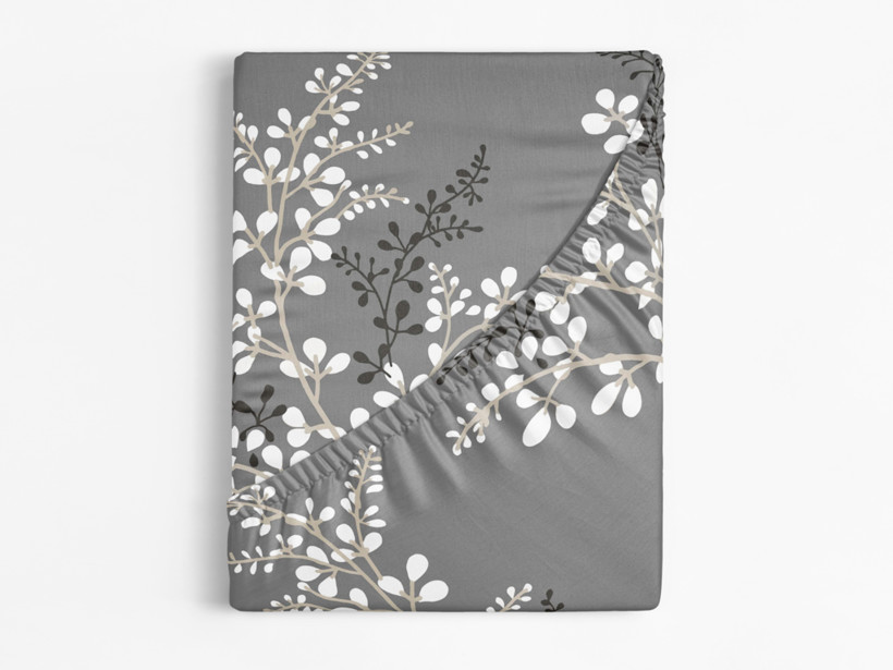 Cearceaf de pat cu elastic din 100% bumbac - model 051 flori albe și negre pe gri
