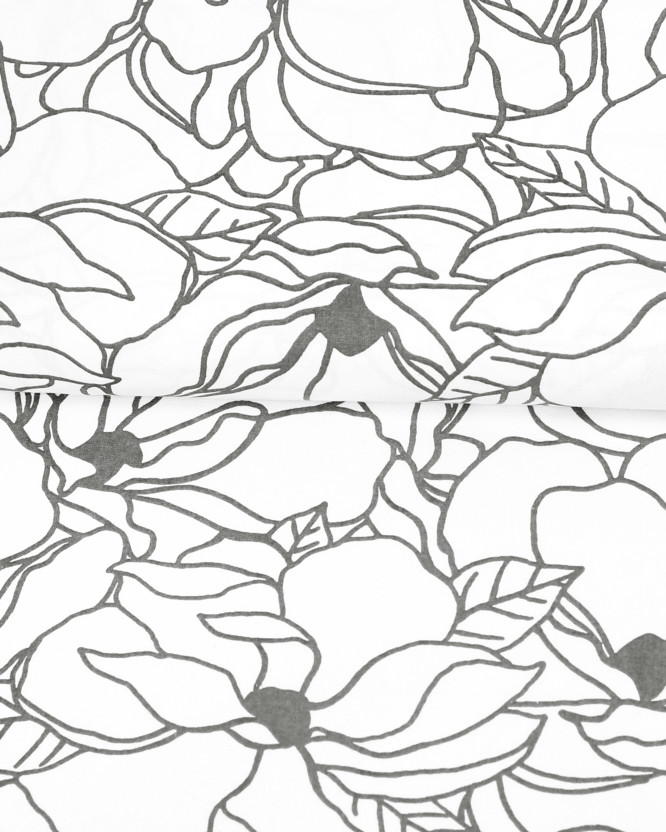 Față de masă 100% bumbac - flori gri pe alb