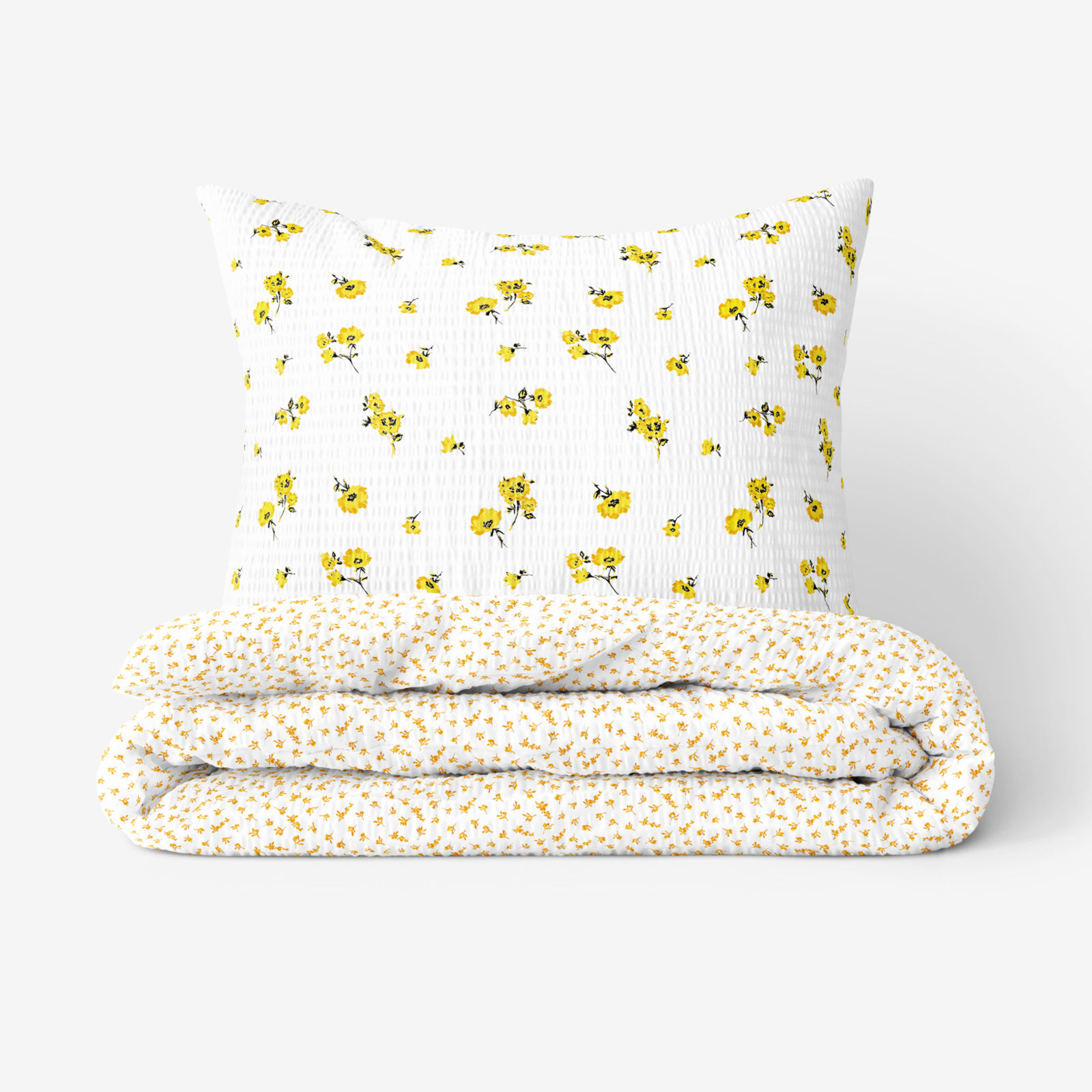 Lenjerie de pat creponată - flori galbene și floricele pe alb