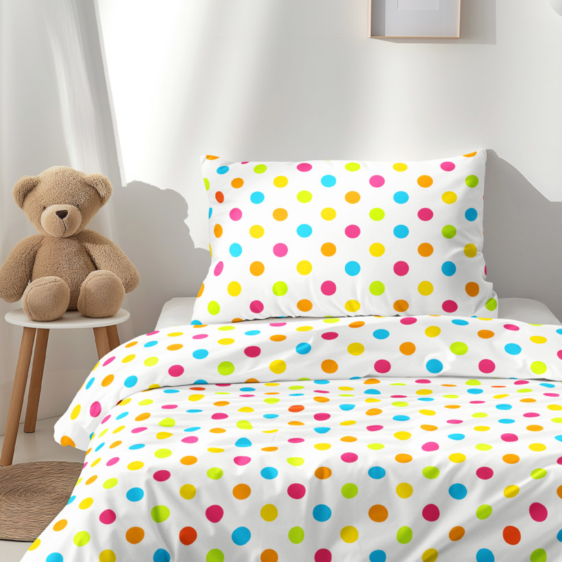 Lenjerie de pat pentru copii din 100% bumbac - buline colorate mari