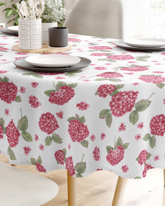 Față de masă decorativă  LONETA - flori de hortensie roz - ovală
