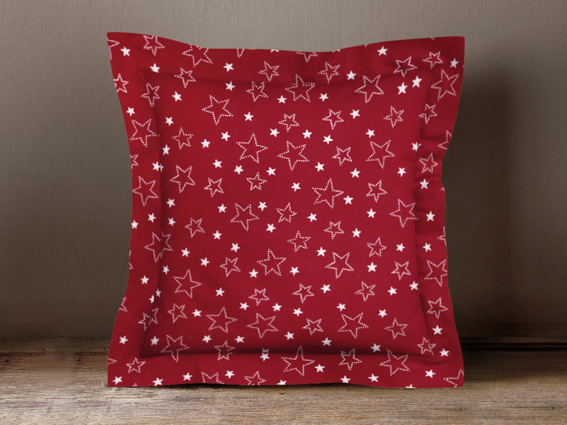 Față de pernă din bumbac cu tiv decorativ - model 015 - steluțe albe pe roșu