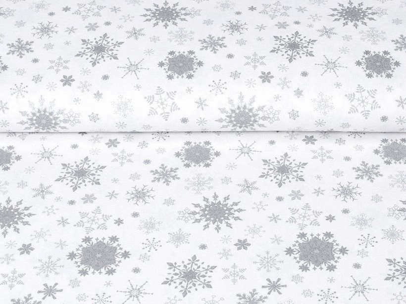 Țesătură SIMONA 100% bumbac - fulgi de zăpadă argintii pe alb