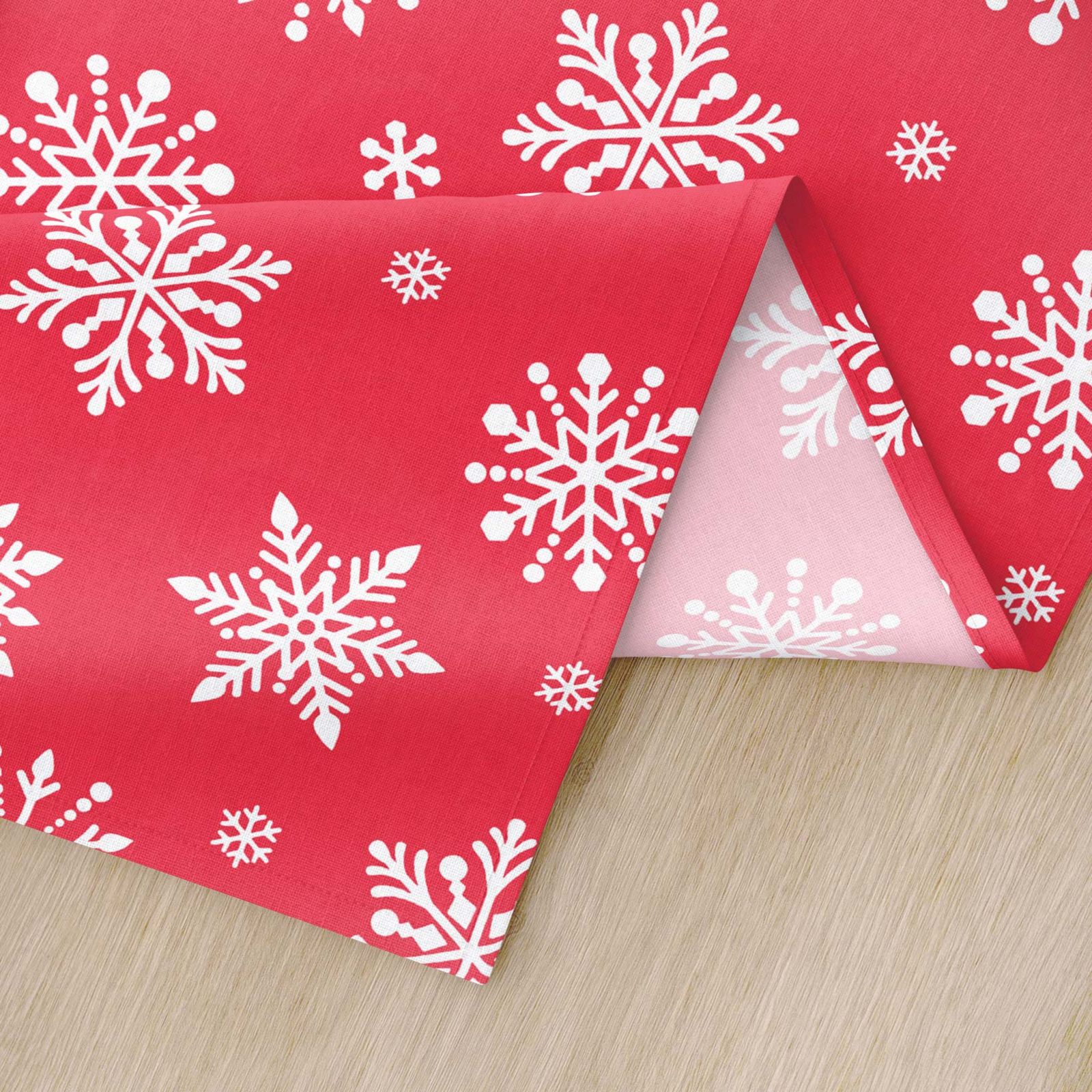 Napron de masă 100% bumbac - model de Crăciun - fulgi de zăpadă pe roșu