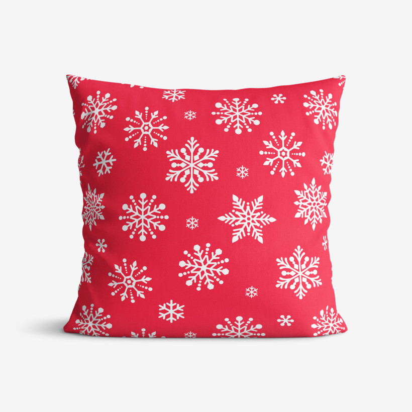 Față de pernă din bumbac - model de Crăciun - fulgi de zăpadă pe roșu