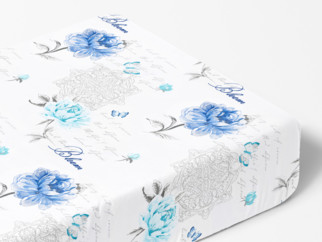 Cearceaf de pat din bumbac cu elastic - model 1113 bujori albaștri cu versuri