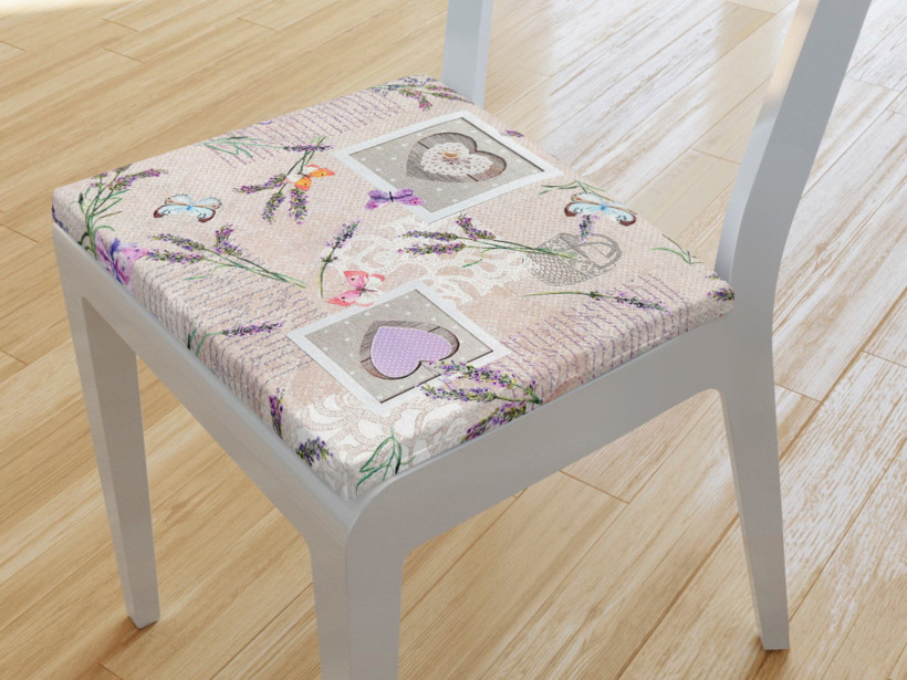 Pernă pentru scaun 38x38 cm - LONETA - inimioare cu fluturi și lavandă pe bej