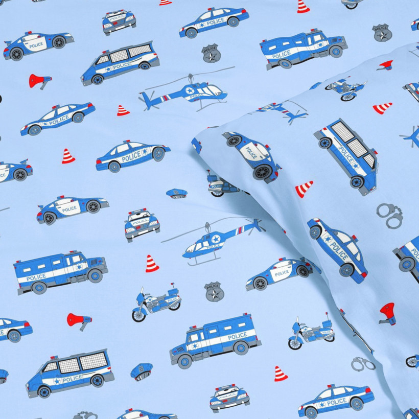 Lenjerie de pat pentru copii din 100% bumbac - mașini de poliție pe albastru deschis