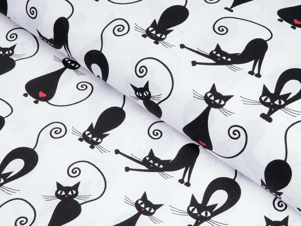 Țesătură SIMONA 100% bumbac - pisici negre pe alb