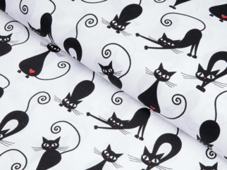 Tesătură din bumbac 100% SIMONA - pisici negre pe alb - metraj lătime 145 cm
