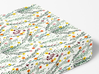 Cearceaf de pat cu elastic din 100% bumbac - model 061 flori și frunze pictate