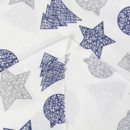 Țesătură decorativă VERONA - model 419 - simboluri de Crăciun albastre și argintii pe alb - lățime 140 cm