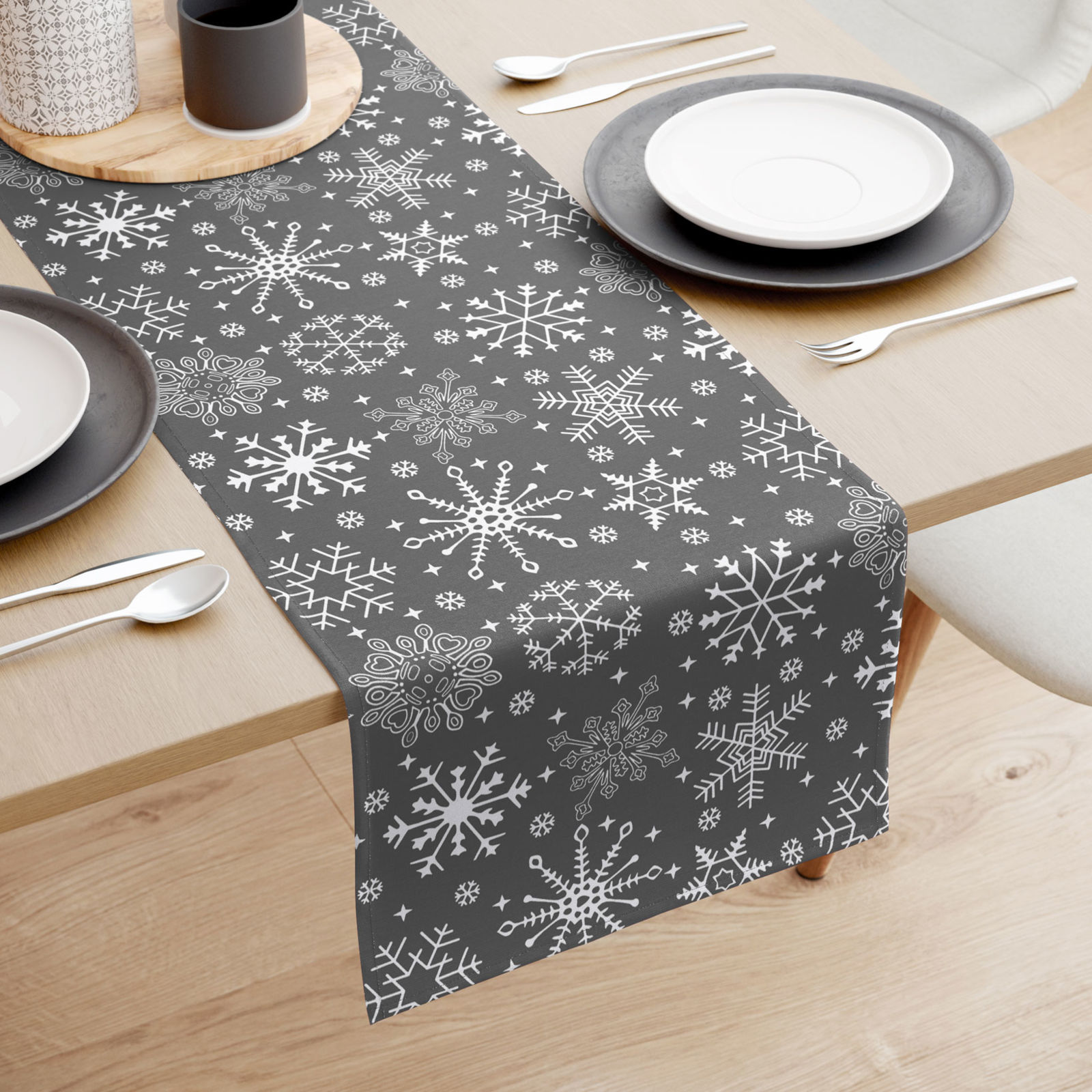 Napron de masă 100% bumbac de Crăciun - fulgi de zăpadă pe gri