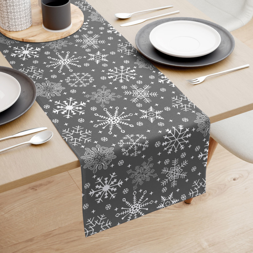 Napron de masă 100% bumbac de Crăciun - fulgi de zăpadă pe gri