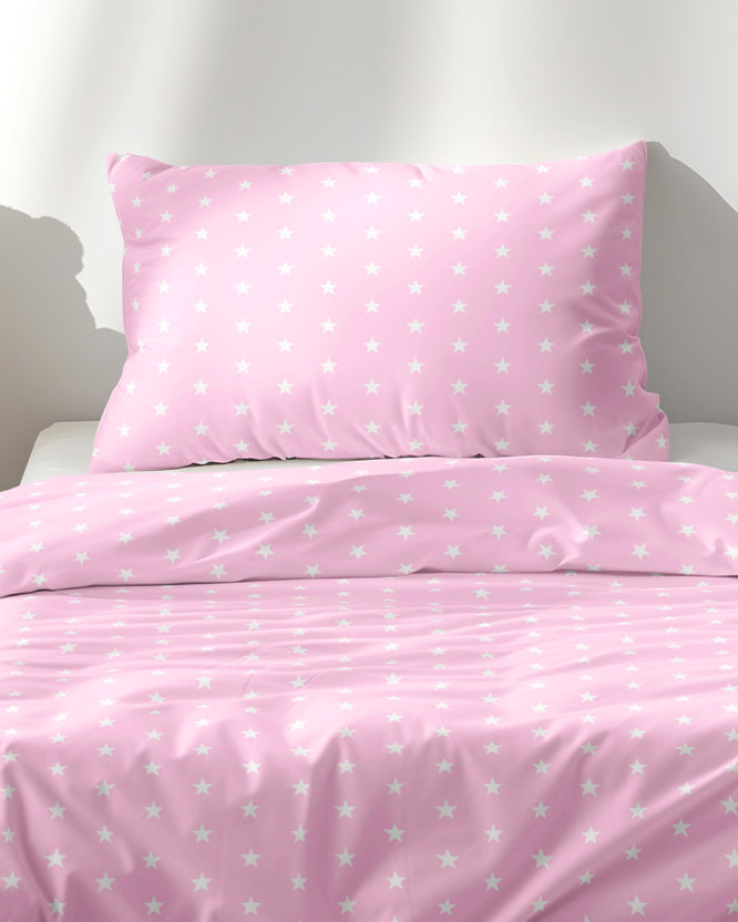 Lenjerie de pat din 100% bumbac pentru copii - steluțe albe pe roz