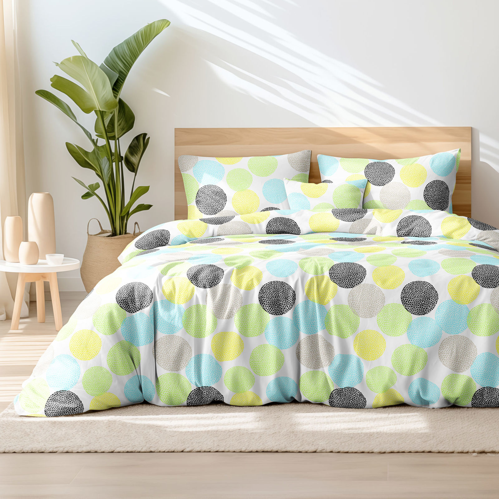 Lenjerie de pat 100% bumbac - cercuri colorate cu forme mici