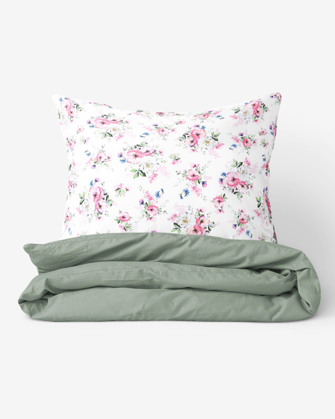 Lenjerie de pat din 100% bumbac Duo - sakura roz cu petale cu verde salvie