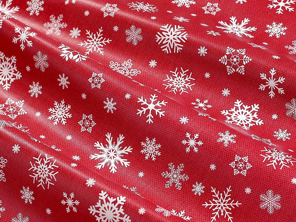 Față de masă din PVC cu textil - fulgi de zăpadă pe roșu