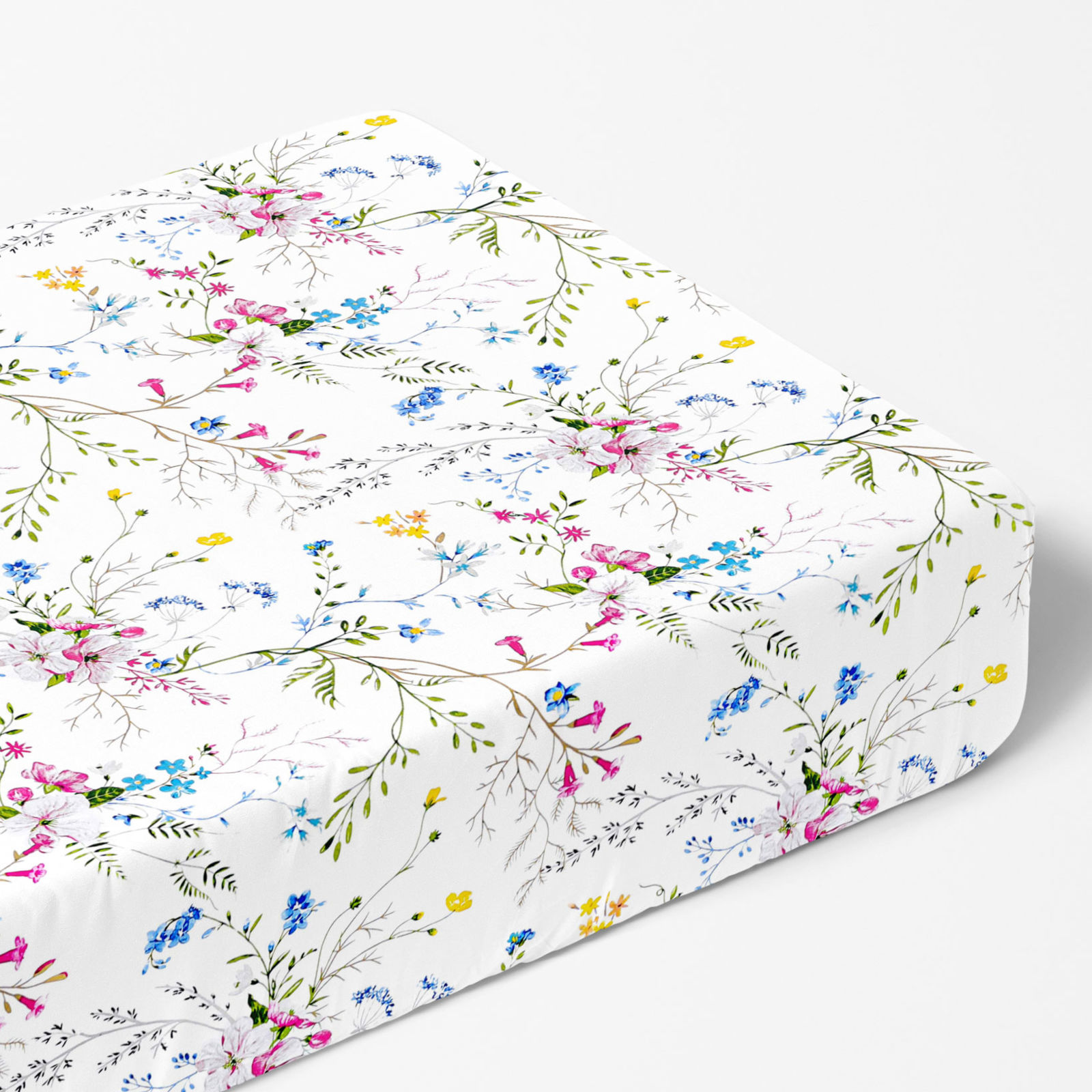 Cearceaf de pat bumbac 100% cu elastic - flori de pajiște pictate