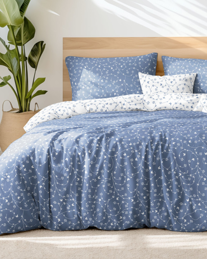 Lenjerie de pat din 100% bumbac - flori și fluturi cu albastru-gri