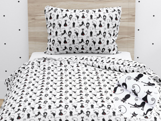 Lenjerie de pat din bumbac pentru copii - model 533 - pisici negre pe alb