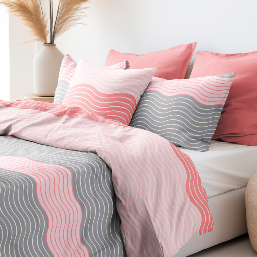 Lenjerie de pat din bumbac satinat Deluxe - valuri roz și gri