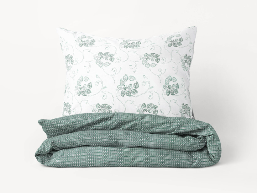 Lenjerie de pat din satin de lux - ornamente florale de culoare verde închis cu forme geometrice