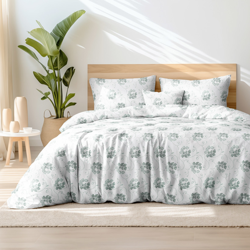 Lenjerie de pat din 100% bumbac - ornamente florale verde închis pe alb