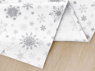Suporturi farfurii din bumbac exclusiv - model 028 de Crăciun - fulgi de zăpadă argintii pe alb - 2 buc