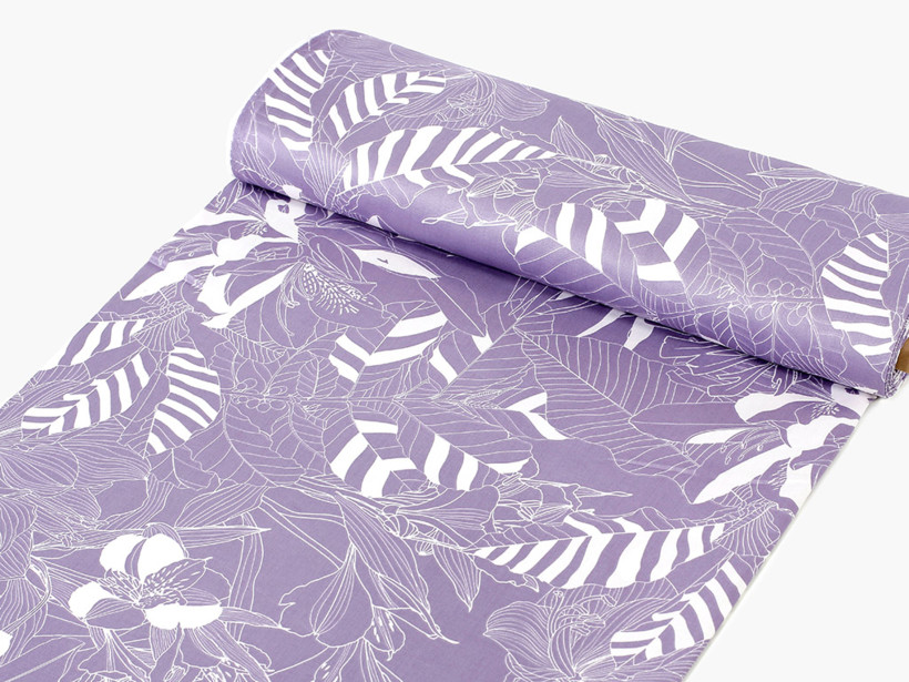 Țesătură din bumbac satinat Deluxe - frunze albe pe violet