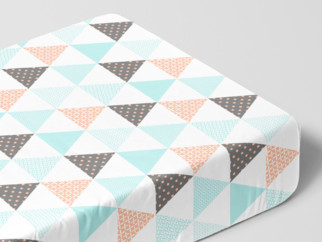 Cearceaf de pat din bumbac cu elastic - model 1039 - triunghiuri turcoaz-somon