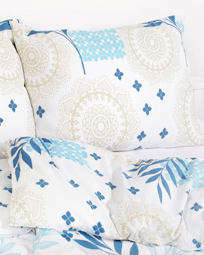 Lenjerie de pat creponată Deluxe - mandale și frunze albastre