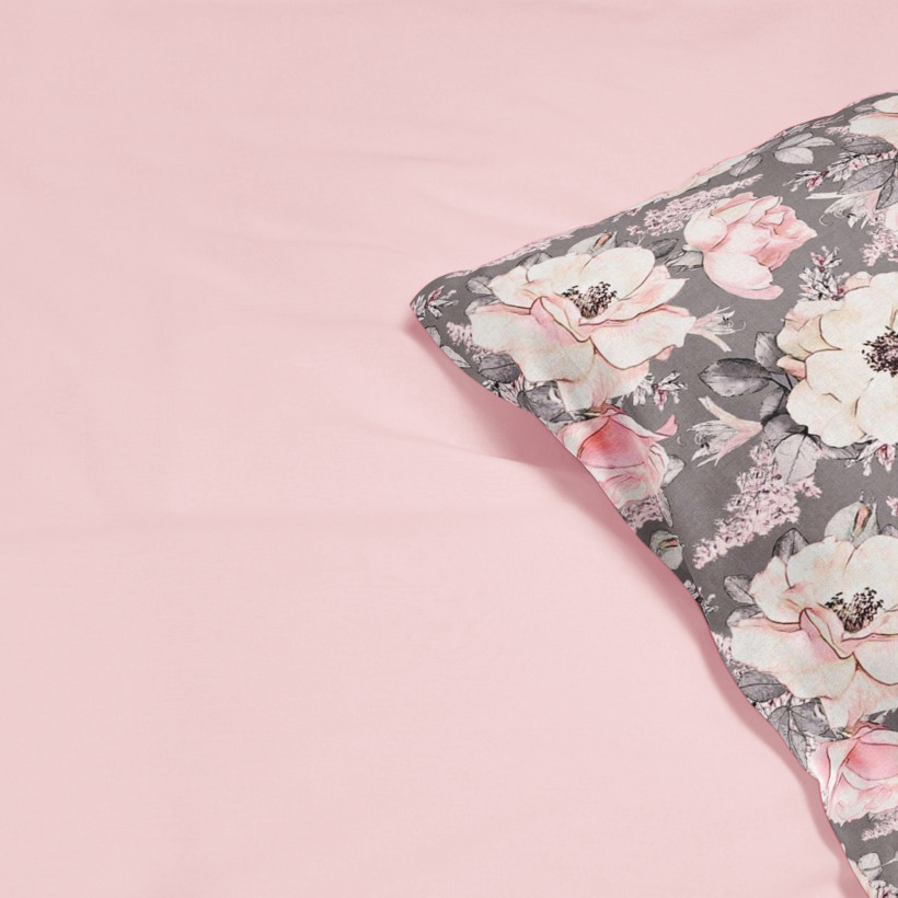 Lenjerie de pat 100% bumbac Duo - flori roz pe gri și roz pudră